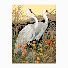 Cranes In Silver Grass 2 Vintage Japanese Botanical Canvas Print