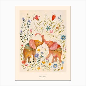Folksy Floral Animal Drawing Elephant 2 Poster Canvas Print