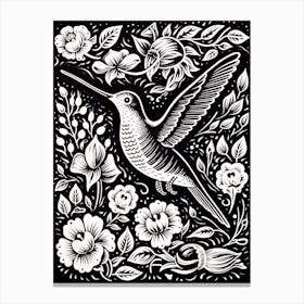 B&W Bird Linocut Hummingbird 3 Canvas Print