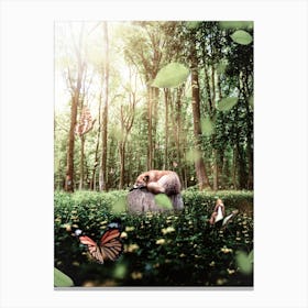 Fox On A Tree Stump And Butterflies Canvas Print