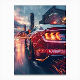 Red Ford Mustang Driving At Night Canvas Print