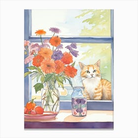 Cat With Zinnia Flowers Watercolor Mothers Day Valentines 1 Canvas Print