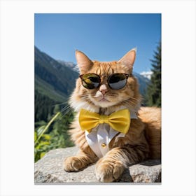 Cat Outfitted In Sharp Business Attire With A Fashionable Yellow Bow Tie Resting Sunglasses Atop It (1) Canvas Print