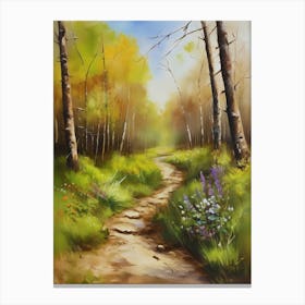 Path In The Woods.Canada's forests. Dirt path. Spring flowers. Forest trees. Artwork. Oil on canvas.12 Canvas Print