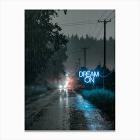 Dream On A moody night scene of a rainy countryside road, illuminated by a neon "Dream On" sign, blending tranquility with a touch of mystery.
Perfect for a living room or creative workspace, adding a sense of calm inspiration and introspection. Canvas Print