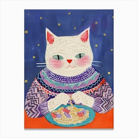 Cosy Cat Pasta Lover Folk Illustration 4 Canvas Print