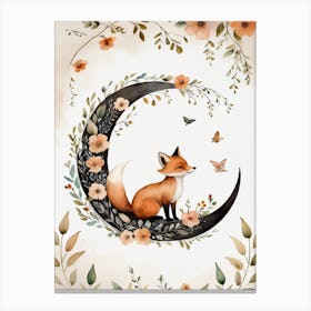 Floral Cute Fox Watercolor Moon Paining (5) Canvas Print