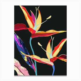 Neon Flowers On Black Heliconia 4 Canvas Print