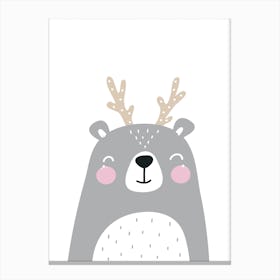 Scandi Grey Bear with Antlers Canvas Print