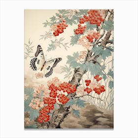 Butterfly With Cranberries Japanese Style Painting 1 Canvas Print
