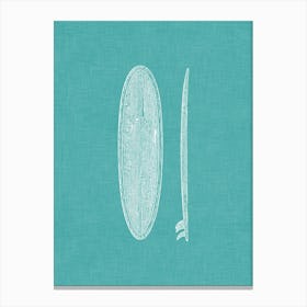 Vintage Surfboard Silhouette On Teal Linen Texture Canvas Print