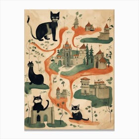 Black Cats On A Medieval Village Map Warm Tones Canvas Print