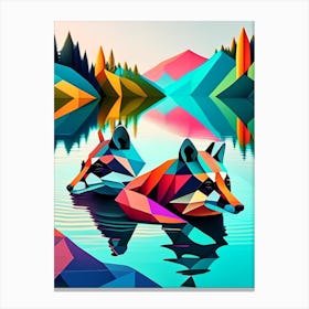 Two Raccoons Swimming In Lake Modern Rainbow Geometric Canvas Print