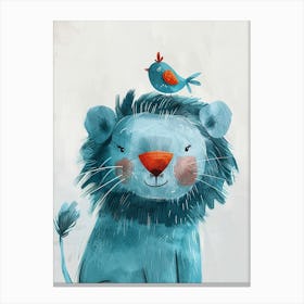 Small Joyful Lion With A Bird On Its Head 13 Canvas Print