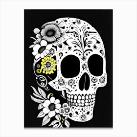 Skull With Floral Patterns Yellow Doodle Canvas Print