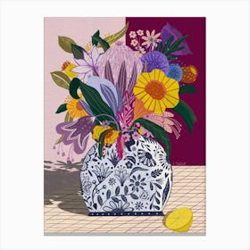 Still Life Protea Flowers Purple Yellow Lime Canvas Print