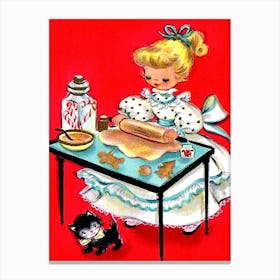 Little Girl Is Making A Christmas Cakes With Her Little Cat Canvas Print