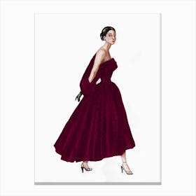 Watercolor painting of a woman in a vintage burgundy dress Canvas Print