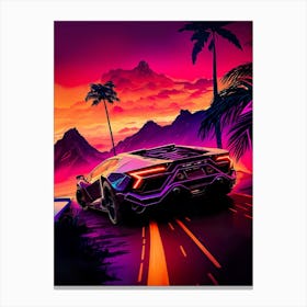 Futuristic Car, Synthwave aesthetic sport car with palms [synthwave/vaporwave/cyberpunk] — aesthetic poster, retrowave poster, vaporwave poster, neon poster Canvas Print