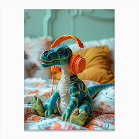 Toy Dinosaur Listening To Music With Headphones In Bed Canvas Print