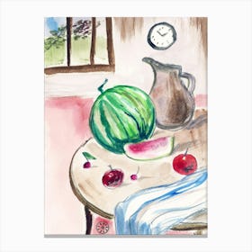 Watermelon Time - hand painted watercolor vertical kitchen still life art dining Canvas Print