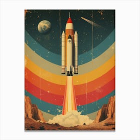 Space Odyssey: Retro Poster featuring Asteroids, Rockets, and Astronauts: Space Shuttle Launch Canvas Art Canvas Print