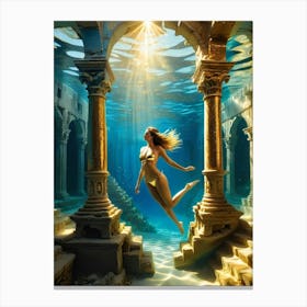 Woman swimming in gold underwater ruin 1 Canvas Print