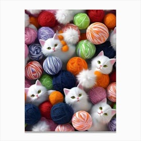 White Cats With Balls Of Yarn Canvas Print