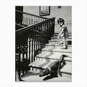 Girl Walking Baby Crocodile On Leash Canvas Print