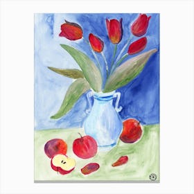 Tulips And Apples - Anton Maliar watercolor blue red green floral flowers hand painted vertical living room kitchen Canvas Print