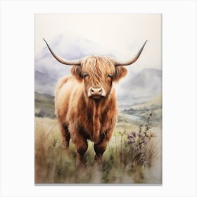 Curious Highland Cow In Field With Rolling Hills Watercolour 4 Canvas Print