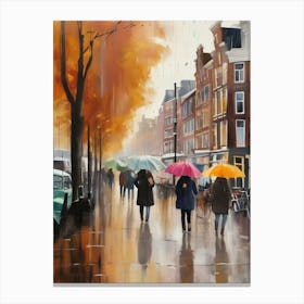 Amsterdam cafes, autumn season, rain, autumn oil colours.Faded colours,People passing on the street, winter clothes, rain umbrellas.8 4 Canvas Print