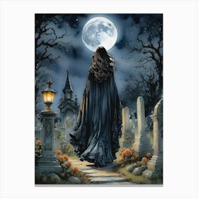 A Witch in a Gothic Graveyard on a Full Moon - A Witchy Woman in Beautiful Black Lace Cloak Drawn to a Gothic Graveyard on a Full Moon Witchcraft Art for Spooky Cute Goth Girl Pagan Wicca Creepy Fairytale Magick Zodiax Feature Gallery Wall Cemetery Lover HD Canvas Print