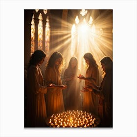 Candlelight Vigil During Spiritual Celebration Rays Of Soft Golden Light Breaking Through Stained G (1) Canvas Print