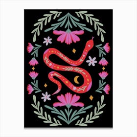 Cute Floral Snake Red And Pink Dark Background Canvas Print