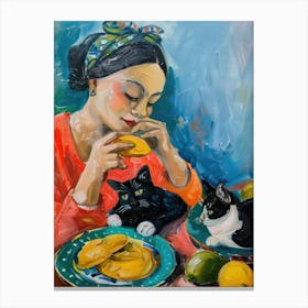 Portrait Of A Woman With Cats Having Lunch 2 Canvas Print