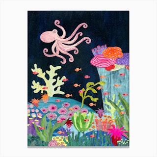 Octopus In Coral Canvas Print