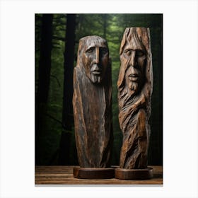 Weathered Wooden Sculpture Carved Human Features Detailed Grain Pattern Reminiscent Of Ancient Ar (1) Canvas Print