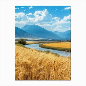 Golden Wheat Field In The Mountains Canvas Print