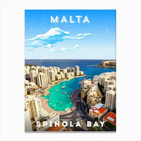 Malta, Spinola Bay — Retro travel minimalist poster 1 Canvas Print