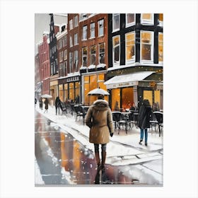 Amsterdam cafes, winter season, Christmas, autumn oil colors, pale colors, pedestrians in the street, winter clothes, falling snow.4 2 Canvas Print