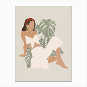 Faceless Brunette Woman Portrait | Boho Mid Century Modern Monstera Leaf Canvas Print