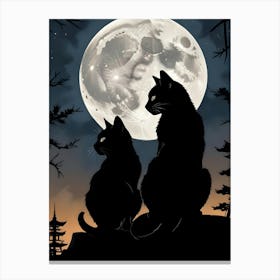 Two Black Cats Silhouettes Under A Full Moon 2 Canvas Print