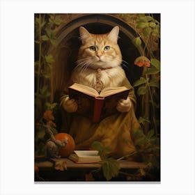 Medieval Cat Reading A Book Romantesque Style Canvas Print