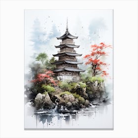 Chureito Pagoda In Yamanashi, Japanese Brush Painting, Ukiyo E, Minimal 4 Canvas Print