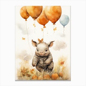 Rhino Flying With Autumn Fall Pumpkins And Balloons Watercolour Nursery 3 Canvas Print