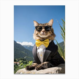 Cat Outfitted In Sharp Business Attire With A Fashionable Yellow Bow Tie Resting Sunglasses Atop It Canvas Print