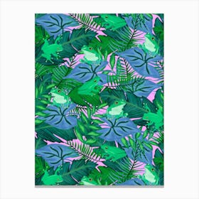 Hiding Tropical Tree Frogs in Blue Green Foliage on Pink Canvas Print