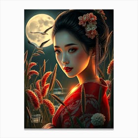 Geisha By Moor At Night - Color Drawing Canvas Print