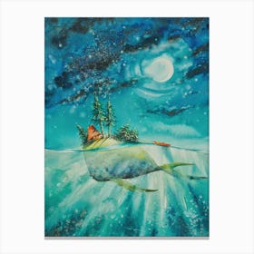 Whale With Small House Watercolors Painted Canvas Print